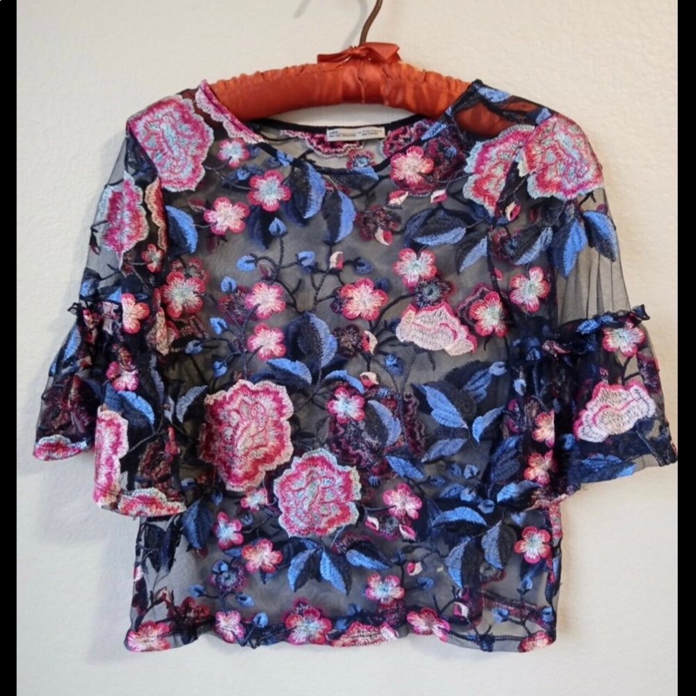 ZARA WOMEN BLUE PINK FLORAL EMBROIDERY SHEER TOP